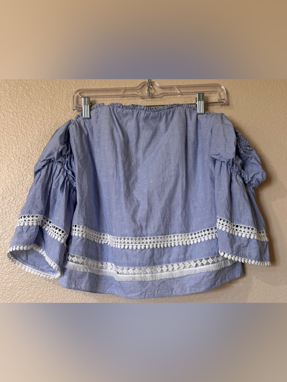 WHBM Off the Shoulder Corset Top Blue Lace Crochet Fringe Boning Size 4